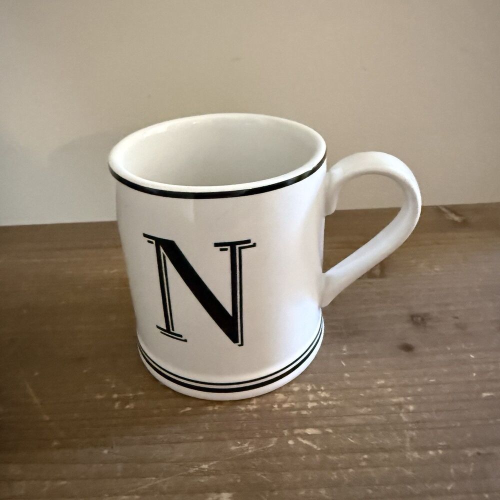 SUR LA TABLE Mug MONOGRAM “N” Initial Letter Handcrafted Stoneware Black White